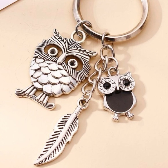 Cute Owl and Feather Charm Keychain Coulpe Rhinestone Silver Plated Gift - Picture 7 of 7